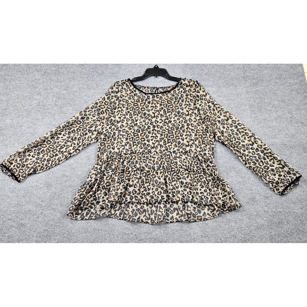 Massini Womens Large Leopard Print Sheer Peplum Blouse Velvet Trim Long Sleeve